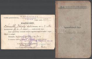1939 M. kir. honvéd műszaki szertár parancsnokság által kiállított igazolványi lap