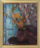 Antal Irén (1903-1999): Csendélet, olaj, farost, jelzett. Dekoratív, kissé kopott fakeretben. 60×50 cm