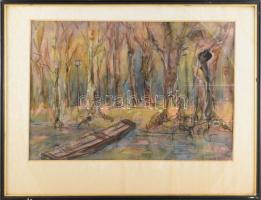 Kaszás István Viktor (1928-2015): Vízpart csónakkal (Tiszapart?). Pasztell, papír, jelzett. Üvegezett, kissé kopott fakeretben. 34x60 cm