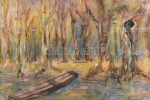 Kaszás István Viktor (1928-2015): Vízpart csónakkal (Tiszapart?). Pasztell, papír, jelzett. Üvegezet...