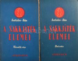 Asztalos Lajos - Bán Jenő: A sakkjáték elemei. I-II. kötet. Bp.,[1950.], Athenaeum, 110 p.;108+2 p. Kiadói papírkötés, kissé kopott borítóval, az I. kötet gerince sérült, kijáró lapokkal.