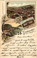 1898 (Vorläufer) Budapest, Császár fürdő, Ferenc József rakpart és Gellérthegy. Kunstanstalt Rosenblatt Art Nouveau, floral, litho (ázott / wet damage)