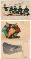 6 db RÉGI motívum képeslap: üdvözlőlap, katonai, zászló, közte lithok / 6 pre-1945 motive postcards: greetings, military, flag, with lithos