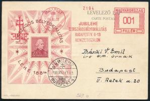 1934 LEHE blokk képeslapon alkalmi és francotyp bélyegzéssel