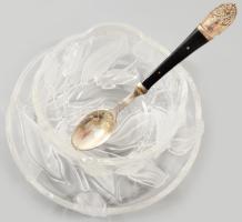 Kristályüveg pástétomkínáló szett, ezüstözött kanállal, d:18 cm, kanál h: 18 cm