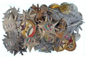 1950-1980 k. 32db-os zománcozott vagy műgyantás katonai jelvénytétel, benne "KTP (Katonai Tízpróba)", "KHT (Katonai Haditorna)", "Kiváló Katona", "Élenjáró Katona", "MHSZ - Honvédelemért", "Határőrség - Járőrparancsnok", "1961-es Díszszemle", "Zrínyi Katonai Akadémia", "Magyar Néphadsereg 2. osztályú páncélos- és gépjárművezető", "Magyar Néphadsereg 2. osztályú harckocsizó" + katonai gombok T:AU-VF közte sérült darabok