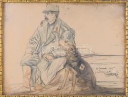 Olvashatatlan jelzéssel: I. világháborús katona vöröskeresztes kutyával (Kolmea/Kolomija, Galícia, Ukrajna), 1915. Ceruza, papír. Lapszéli szakadásokkal és ázásnyomokkal. Üvegezett, dekoratív, kissé sérült fakeretben. 32,5×42 cm