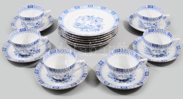 Seltmann Weiden kék kínai edény mintás 6 személyes reggeliző szett, csészék alátéttel és desszertes tányérok, jelzett, d: 19 cm
