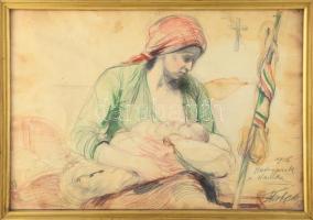 Olvashatatlan jelzéssel: Hadigyerek (I. világháborús gyerek), 1916. Ceruza, papír. Hátoldalán Ernst Múzeum aukciói raglapjával. Lapszéli apró sérüléssel és ázásnyomokkal. Üvegezett fakeretben. 30×44 cm