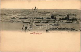 Budapest, látkép a királyi palotától nézve, Lánchíd, Bazilika, Magyar Tudományos Akadémia épülete, gőzhajó, a Széchenyi téren a paloták még nem épültek fel (EK)