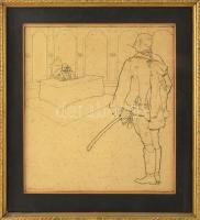 Vadász Miklós (1884-1927 v. 1928): Katona Ferenc József császár és király előtt. Tus, papír. Jelzett. Kissé foltos. Üvegezett fakeretben. 26×23,5 cm