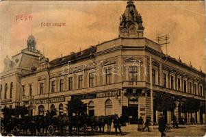Déva, Fő tér, városháza, Lobstein Vilmos, Holtzer Károly, Szőcs F. Lajos, Hirsch Testvérek üzlete, lovaskocsik. No. 491. (W.L. ?) / main square, town hall, shops, horse-drawn carriages (kis szakadás / small tear)