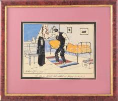 Zórád Géza (1882-1961): "Ah de jó tükör lett ebből a fényes kabátból" (karikatúra), 1918. Akvarell, tus, papír, jelzett, üvegezett fakeretben, 15×20 cm
