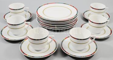 Flirt Decor vintage 6 személyes reggeliző szett, csészék alátéttel és desszertes tányérok, jelzett, modern mintával díszített, hibátlan, d: 21 cm