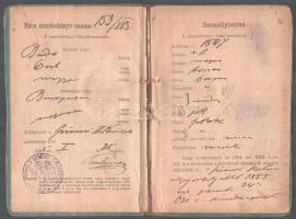 1885 Bp., Munkakönyv 15 kr okmánybélyeggel, viaszpecséttel, széteső állapotban
