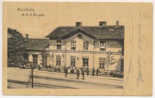 1909 Apahida, Bruckendorf (Kolozsvár, Cluj); MÁV állomás, vasútállomás, vasutasok. Bär H. kiadása / railway station, railwaymen (gyűrődés / crease)