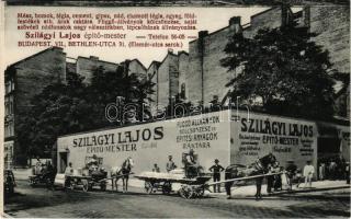 Budapest VII. Szilágyi Lajos építőmester mész, homok, tégla, cement, gipsz, nád, chamott tégla stb. áruraktára, lovas kocsik. Bethlen utca 31.