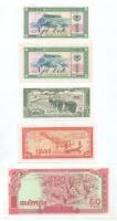 Albánia 1964. 1L + 1976. 1L + Kambodzsa 1979. 1k (0,1R) + 5k (0,5R) + 50R T:AU-VF, egyiken tűzőgéply...