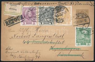 1909 2kr millenniumi díjjegyes képeslap későbbi osztrák bérmentesítéssel, Bécsből Koppenhágába majd visszaküldve