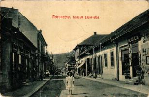 1910 Petrozsény, Petrosani; Kossuth Lajos utca, Halász és Klein üzlete. W.L. Bp. 1682. / street view with shops (fa)