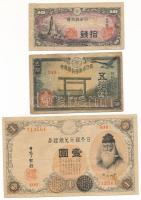 Japán 1916. 1Y arab sorozatszámmal "400 713561" + 1943. 50s "Showa" + 1944. 10s T:F, szép papír, VG Japan 1916. 1 Yen with Arabic serial "400 713561" + 1943. 50 Sen "Showa" + 1944. 10 Sen C:F, fine paper, VG Krause P#30c, P#53a, P#59b