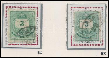 1874 2 db Színesszámú 3kr durva gyöngyjavítással, ritka (ex Orbán, Sebestyén aranyérmes kiállítási anyagából)
