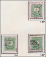 1874 3 db Színesszámú 3kr durva gyöngyjavítással, ritka (ex Orbán, Sebestyén aranyérmes kiállítási anyagából)