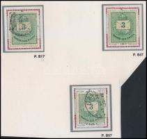 1874 3 db Színesszámú 3kr durva gyöngyjavítással, ritka (ex Orbán, Sebestyén aranyérmes kiállítási anyagából)