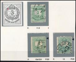 1874 3 db Színesszámú 3kr bal oldalon felül vésetjavítás + gyöngy javítás, jobb oldalon javított lemez (ex Orbán, Sebestyén aranyérmes kiállítási anyagából)