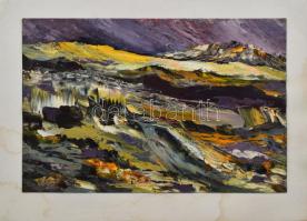 Körtvélyessy Magda (1919-2007): Színes kép (cím nélkül). Olaj, papír, jelzett, kartonra kasírozva, hátoldalán autográf ajándékozási sorokkal, karton ázásnyomokkal, 23x35,5 cm.