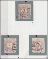 1881 3 db Színesszámú 2kr II. típus klf vésetjavításokkal (ex Orbán, Sebestyén aranyérmes kiállítási anyagából)