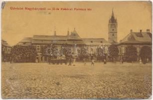 1909 Nagybánya, Baia Mare; II. Rákóczi Ferenc tér, üzletek, Szent István torony. W.L. 2377. / square, shops, tower (ázott / wet damage)