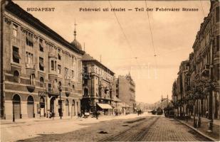 Budapest XI. Fehérvári út részlet, papír üzlet, villamos, Ferenc József híd. Fellner Mór kiadása