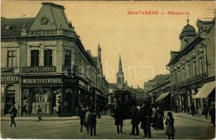 1909 Nagyvárad, Oradea; Rákóczi út, villamos, Wéber Testvérek üzlete, Hitelbank, Dr. Barta fogorvos rendelője, Első Nagyváradi Bútorgyár. W.L. Bp. 254. / street view, tram, shops, bank, dentist, furniture store (EB)