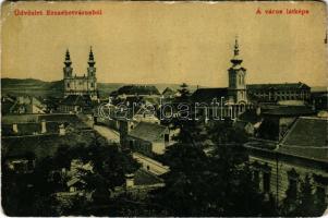 1907 Erzsébetváros, Dumbraveni; látkép, templomok. Scholtes A. kiadása 1832. (W.L. ?) / general view, churches (fa)