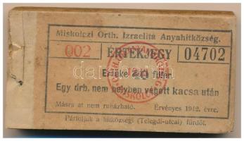 1942. Miskolc 40f "Miskolczi Orth. Izraelita Anyahitközség" vágatási jegy / értékjegy 1db nem helyben vágott kacsa után (99x), közel teljes tömb "002 04702 - 002 04800" között T:AU, sarokhajlás, az első darab VF rajta enyhe szennyeződés