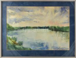 Jelzés nélkül: Vízparti táj. Akvarell, papír. Üvegezett fakeretben. 33x47 cm.