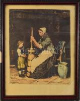 Munkácsy Mihály után Kórusz József (1927-2010): Köpülő asszony. Színezett rézkarc, papír, jelzett a karcon. Üvegezett fakeretben, 44,5x36 cm.