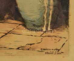 Munkácsy Mihály után Kórusz József (1927-2010): Köpülő asszony. Színezett rézkarc, papír, jelzett a ...