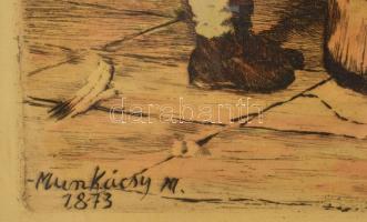 Munkácsy Mihály után Kórusz József (1927-2010): Köpülő asszony. Színezett rézkarc, papír, jelzett a ...