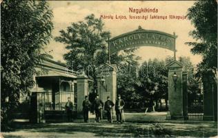 1909 Nagykikinda, Kikinda; Károly Lajos lovassági laktanya főkapuja, K.u.K. katonák. W.L. Bp. 2141. / K.u.K. military, cavalry barracks' main gate with soldiers (EK)