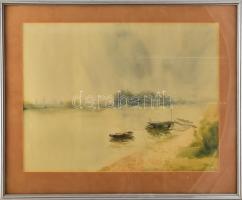 Várnai jelzéssel: Vízparti táj, 1954. Akvarell, papír, jelzett a karcon. Üvegezett fakeretben, 31x42 cm.
