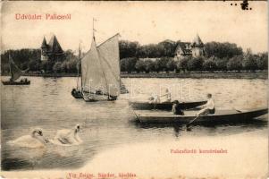 1908 Palics, Palic; Palicsfürdő korzó részlet, villa, csónakázók, montázs hattyúkkal. Vig Zsigmond Sándor kiadása / lake, villa, rowing boats, montage with swans (EB)