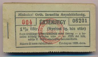 1929. Miskolc 1 1/2f "Miskolczi Orth. Izraelita Anyahitközség" vágatási jegy / értékjegy 1/8kg hús után (100x), teljes tömb "004 06201 - 004 06300" között T:AU, az első darabon enyhe szennyeződés