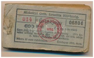 1926. Miskolc 600K "Miskolczi Orth. Izraelita Anyahitközség" vágatási jegy / értékjegy 1/2kg hús után (97x), közel teljes tömb "014 06804 - 014 06900" között T:XF, közte VF, az első darabon enyhe szennyeződés