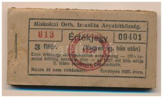1927. Miskolc 3f "Miskolczi Orth. Izraelita Anyahitközség" vágatási jegy / értékjegy 1/4kg hús után (100x), teljes tömb "013 09401 - 013 09500" között T:AU, az első darab XF