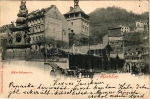 1899 Karlovy Vary, Karlsbad; Der Marktbrunnen, Glassfabrik, M.Scheiber. Hermann Poy / fountain, street view, shops, advertisement (cut)