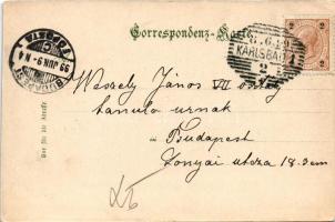 1899 Karlovy Vary, Karlsbad; Der Marktbrunnen, Glassfabrik, M.Scheiber. Hermann Poy / fountain, stre...