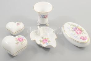 Hollóházi 5 darab Hajnalka mintás tárgy, levél alakú kínáló, bonbonier, váza, szív alakú ékszertartó, jelzett, hibátlan.