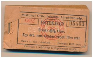 1942. Miskolc 64f "Miskolczi Orth. Izraelita Anyahitközség" vágatási jegy / értékjegy 1db nem helyben vágott liba után (98x), közel teljes tömb "002 05403 - 002 05500" között T:AU,XF, az első pár darab VF